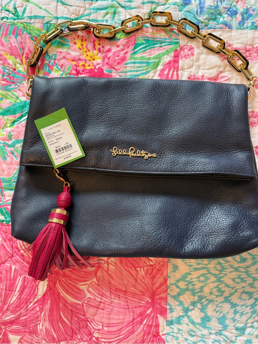 NWT Lilly Pulitzer Navy Leather Shoulder Bag with Pink Tassel
